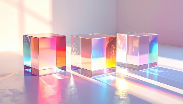 虹色の光を透過する独立したガラスブロックの3Dアート