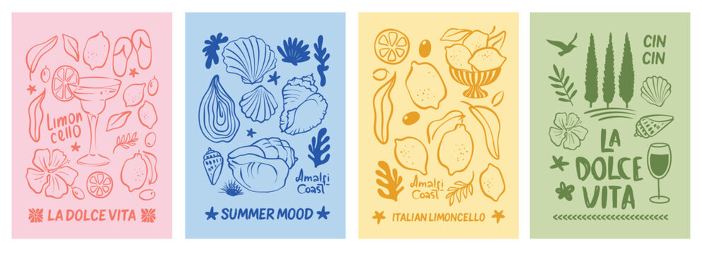 Set of Amalfi coast posters, wall art decoration, prints, colourful background, Mediterranean, sea shells, lemons, can be used for cafe or restaurant decoration, creative doodles vector illustration 