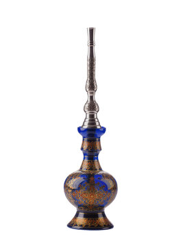 Isolated ornate blue and gold decorated traditional hookah base with metallic silver top piece