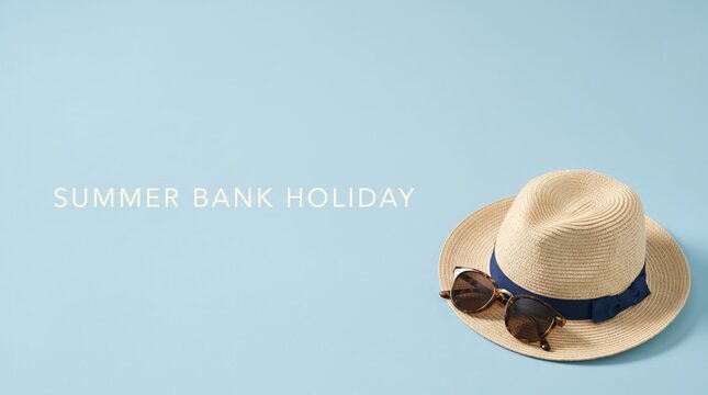 Summer Bank Holiday concept with straw fedora hat and sunglasses, seasonal vacation accessories on blue background, travel and leisure flat lay