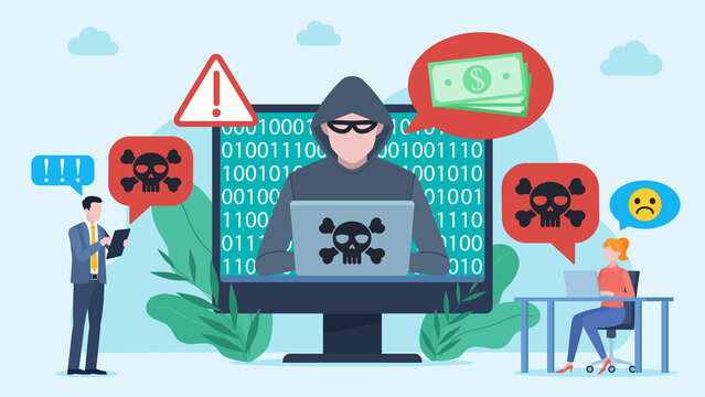 Hacker extorting a ransom. Illustration of a hacker attack on an office. Computer takeover and data hacking.