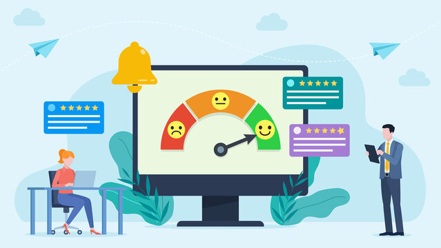 Tiles with user comments and star ratings are visible around the screen. Two employees. Illustration of a customer satisfaction survey. A satisfaction meter appears on the monitor screen.