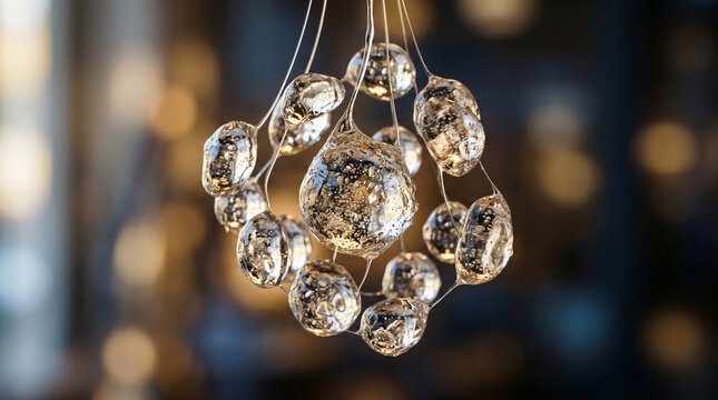 Modern crystal chandelier with green reflections hanging from ceiling
