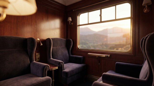 Luxurious train compartment with plush blue armchairs, wooden paneling, and large window showing scenic mountain view at sunset, cozy atmosphere