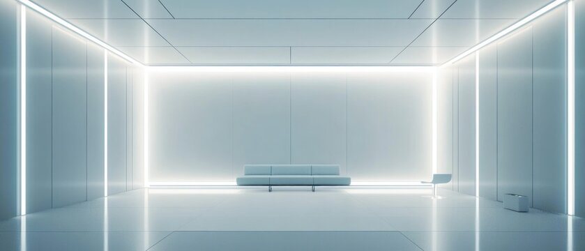 Modern minimalist interior design white room with light blue sofa and led lighting
