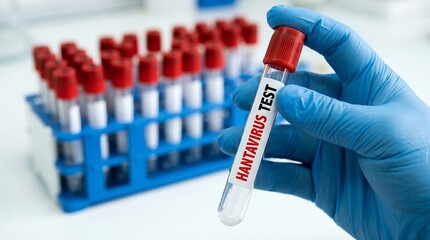 Obraz premium Laboratory worker holding hantavirus test tube with rack in background