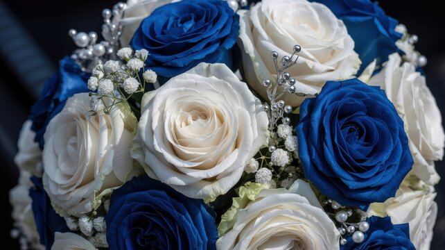 Luxury bouquet of blue and white roses with elegant floral wedding decoration   