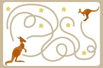 Funny Maze game. Help the kangaroo find her baby kangaroo. Horizontal. Animals. Printable activity or worksheet. Mini games collection. Vector © Tatik22