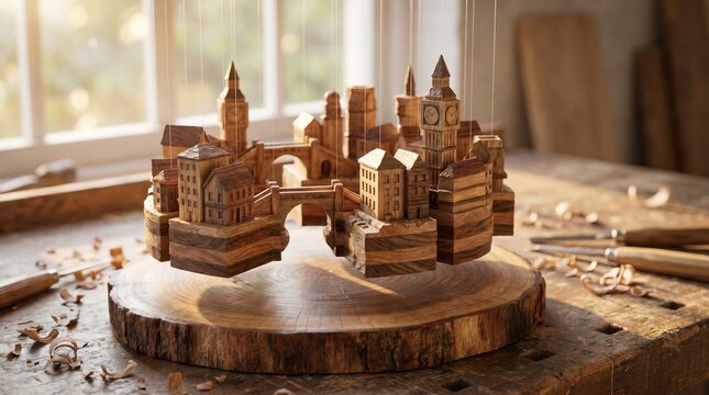 Floating Wooden Miniature City Sculpture In Workshop