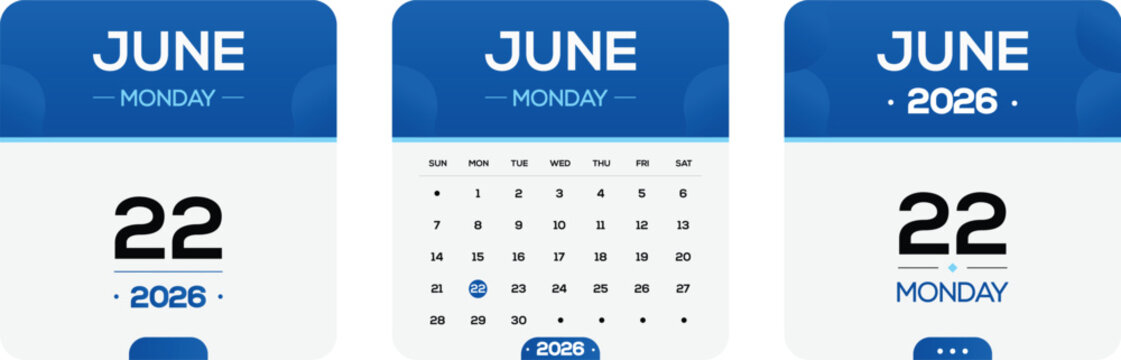 June 22 2026 Monday calendar date design, blue modern monthly planner template, printable appointment reminder, event schedule graphic, minimalist digital calendar page for social media post layout
