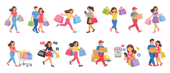 Fototapeta premium Modern Shopping People Flat Vector Set Collection Online Shopping Ecommerce Characters Fashion Buyers Delivery Service Cartoon Illustration Bundle