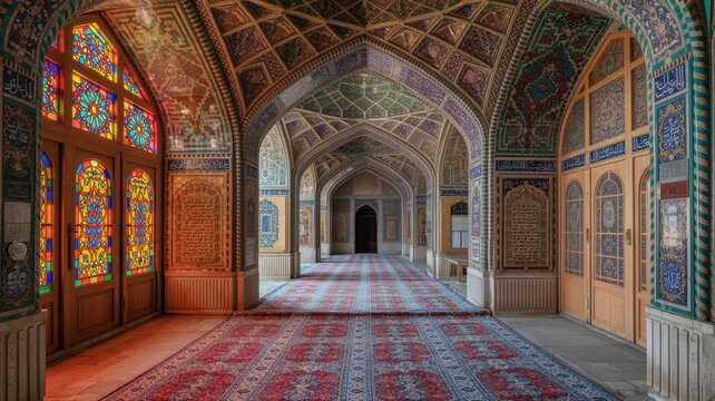 Beautiful Islamic mosque interior with colorful stained glass and ornate arches 