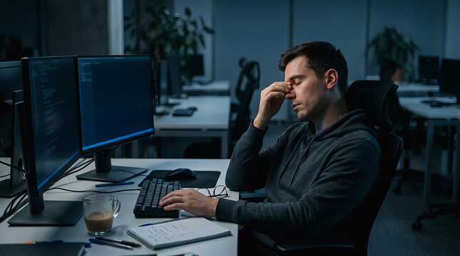 Exausto programador trabalha tarde em escrit?rio com monitores e caf?, demonstrando cansa?o extremo e foco intenso no c?digo.