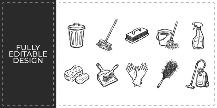 Hand drawn cleaning and household icons with bucket mop spray and waste bin symbols flat vector illustration icon bundle set high resolution