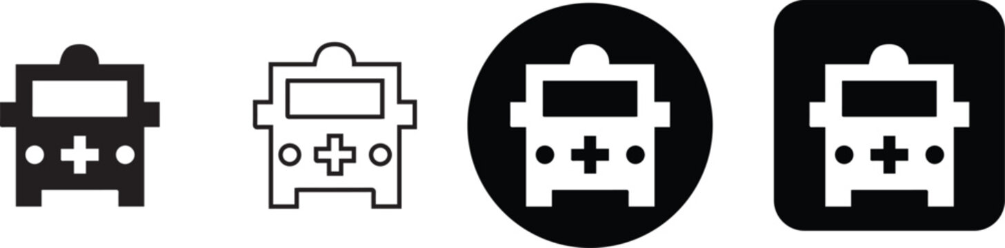 Ambulance emergency medical response vehicle vector icon set presented in glyph, line art, circle, and square app styles