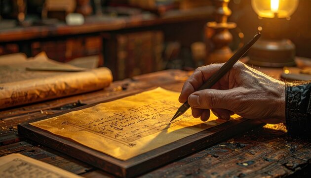 Ancient scribe's hand diligently writing Latin script on a wax tablet with a stylus
