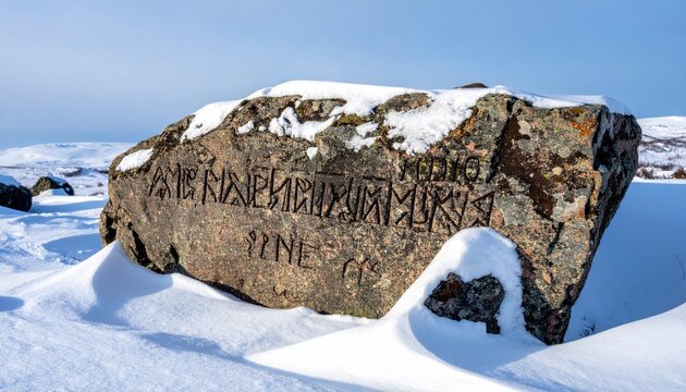 Detailed view of a Viking runestone inscription showing deep carvings and weathered texture in a snowy winter landscape.