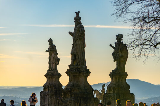 Braga, Portugal: 29 January 2023. Statue of Saint Longinus Bom Jesus do Monte in beautiful sunset background