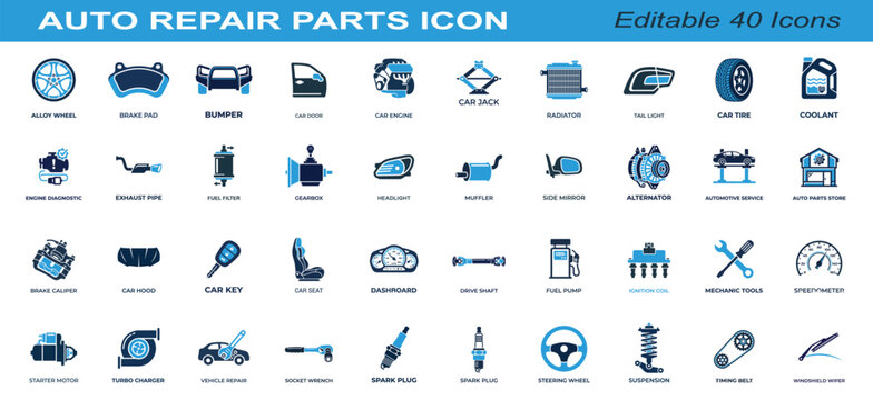 Automotive car repair parts and service icons set vector illustration