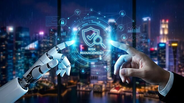 Artificial intelligence robot and human hand interacting with a digital interface for risk management, symbolizing the future of security and data protection in a modern city landscape