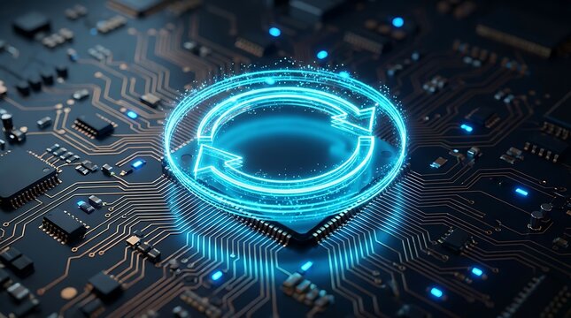 Futuristic digital circuit board with glowing blue circular arrows symbolizing technology and data flow