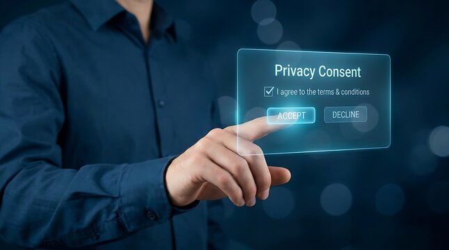A person's hand pressing the 'Accept' button on a digital screen displaying a privacy consent form. The interface shows checkboxes and options to agree or decline terms and conditions.