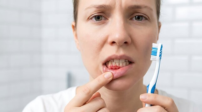 A close-up portrait of a woman with a mouth ulcer, holding a toothbrush. Her expression is one of discomfort and pain as she points to the affected area on her lip