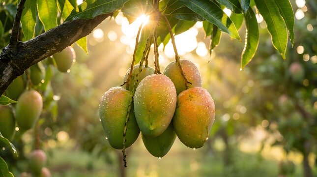 Unripe mangoes on a tree branch bathed in golden sunlight dew drops present mangifera indica