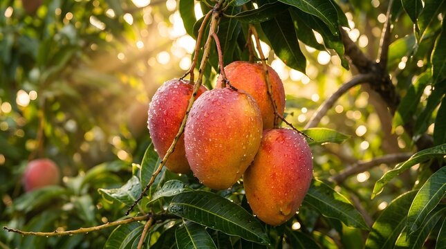 Ripe mangoes hanging on tree branches in sunlight ready for harvest food and drink sunlight