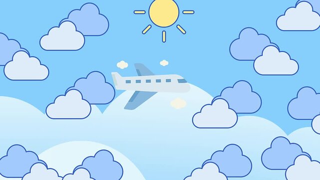 A peaceful, dreamlike illustration depicting a white airplane soaring through a bright blue sky filled with fluffy white and light blue clouds under a cheerful yellow sun