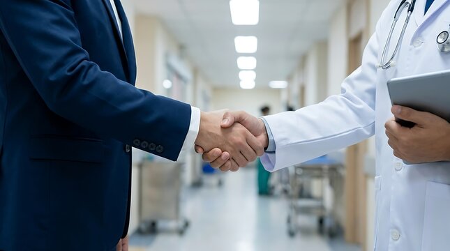 A doctor in a white lab coat and a businessman in a suit shake hands in a hospital hallway, symbolizing partnership and trust in healthcare