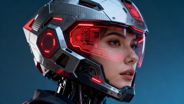 Cybernetic helmet with glowing red circuits