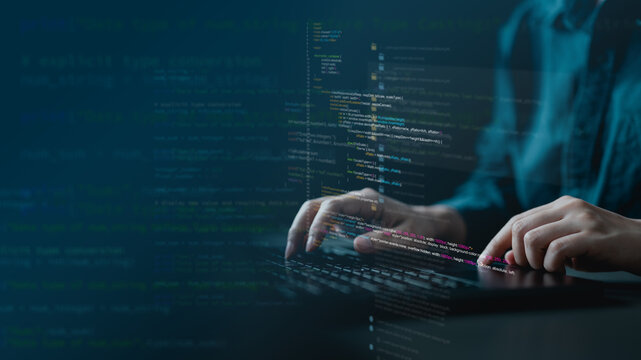 Programmer typing on laptop with code overlay, showing software development, programming, AI technology, debugging, and web application engineering concept.