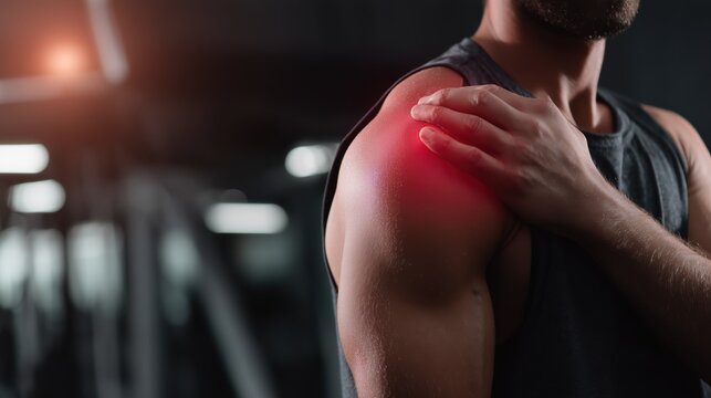 Man holds shoulder in gym after feeling pain during workout session in evening
