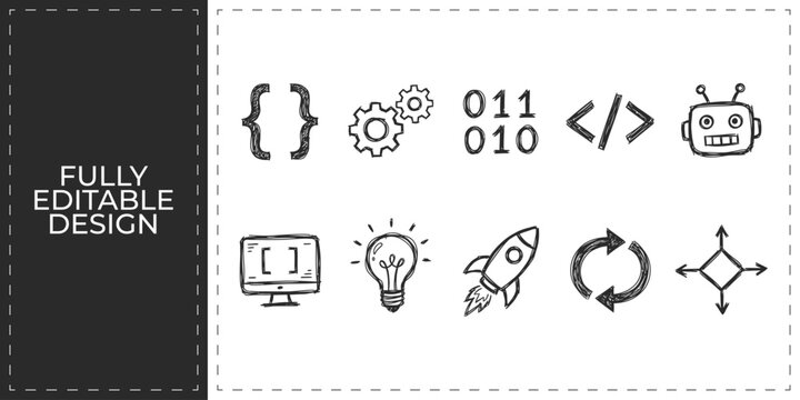 Hand drawn technology coding and programming icons with gear robot and code brackets symbols flat vector illustration icon bundle set high resolution