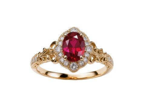 Isolated ornate gold ring featuring an oval red ruby gemstone surrounded by sparkling diamonds.