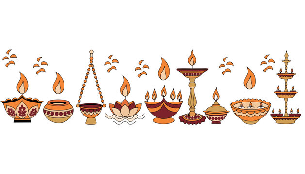 Diya Lamps Horizontal Row Flat Vector Illustration Diwali Indian Festival Elements Set with Brass Petal Diya Terracotta Clay Lamp Panch Mukhi and Floating Lotus Diya Isolated Collection for Marketing