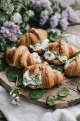 Fototapeta premium Mini croissants are arranged on a wooden board. They are filled with spinach cream and set among fresh greens and small flowers at a casual gathering. The setting is warm and inviting
