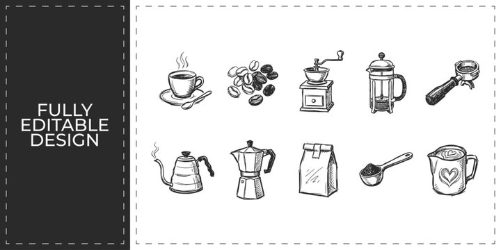 Hand drawn coffee roasting and brewing tools with coffee grinder and kettle symbols flat vector illustration icon bundle set high resolution