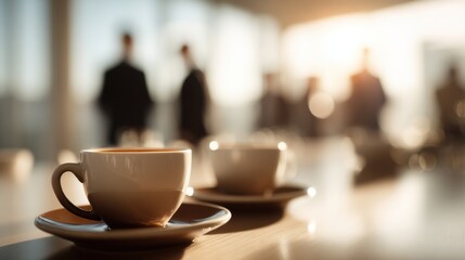 Coffee cups are placed on a conference table in a bright office. In the background, blurred figures of business people are engaged in discussion during a coffee break