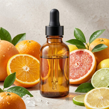 Vitamin C serum bottle flatlay with citrus and ice in a bright style.