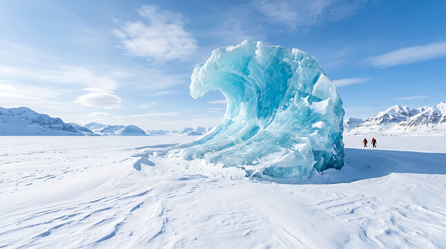 Massive blue ice wave formation in a vast snow-covered arctic landscape with distant people distant figures provide a sense of scale landscape mountains environment adventure formation pristine