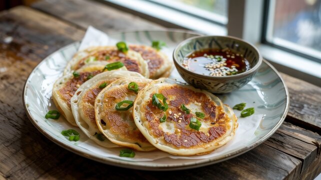 A traditional dish of Chinese cuisine. Chinese pancakes with green onions (known as Cunyubing).