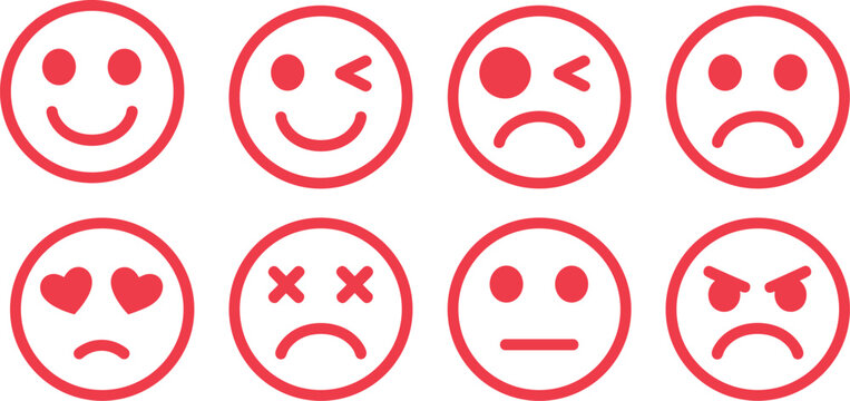Red outline emoji icon set with various expressions including happy sad angry and neutral faces for customer feedback and user interface.Red outline emoji icon set.