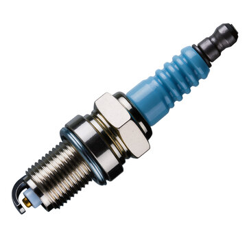 Isolated automotive spark plug with blue ceramic insulator, essential engine ignition system component.