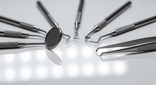 Collection of Dental Instruments Arranged on a Reflective Surface.