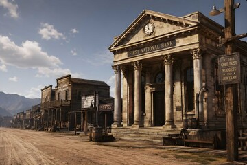 Fototapeta premium Old West Town Main Street with First National Bank and Saloon on Dirt Road