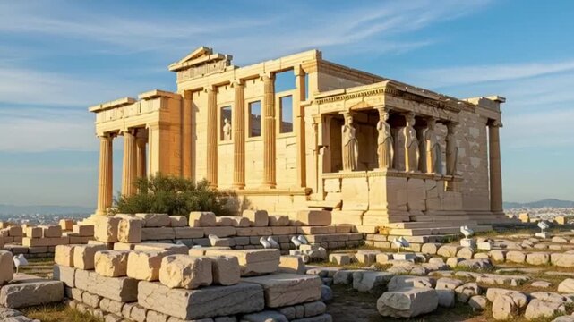 Sunset over the Erechtheion Temple on the Acropolis in Athens Greece