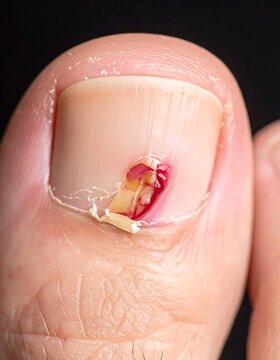 Close up of injured toe showing a damaged toenail and signs of injury