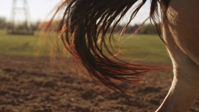 Beautiful close up of a brown horse's tail swinging gracefully in slow motion. The warm sunlight of the sunset highlights the hair against a backdrop of a rustic farm field in the countryside
